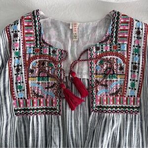 RAGA Bohemian Cotton Striped Embroidered Tassel Tie Jacket Top